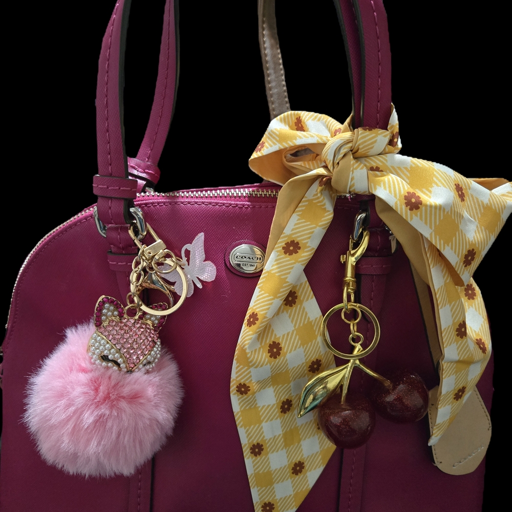 Coach Magenta Handbag with Yellow Scarf and Charms